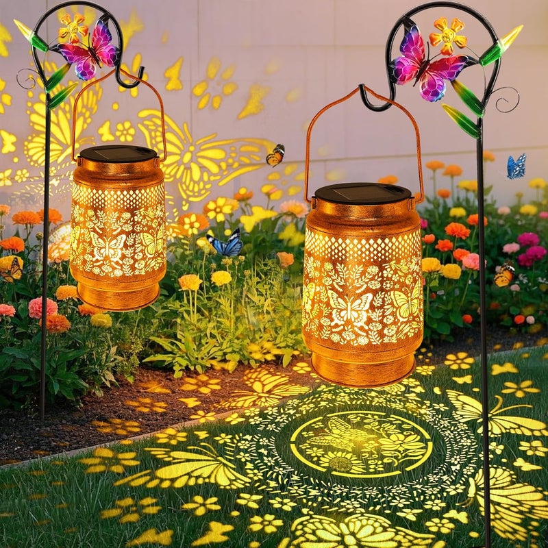 SANDECO 2 Pack Solar Lanterns Outdoor Butterfly Garden Decor, Gifts for Women Mom Grandma Birthday, Waterproof Metal Hanging Solar Lights LED Decoration with Shepherd Hook Outside for Yard Patio Lawn Porch - Image 1